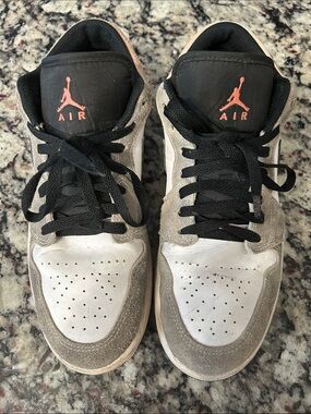 Nike Air Jordan Low Top Sneakers - White, Taupe & Black with Coral Jumpman